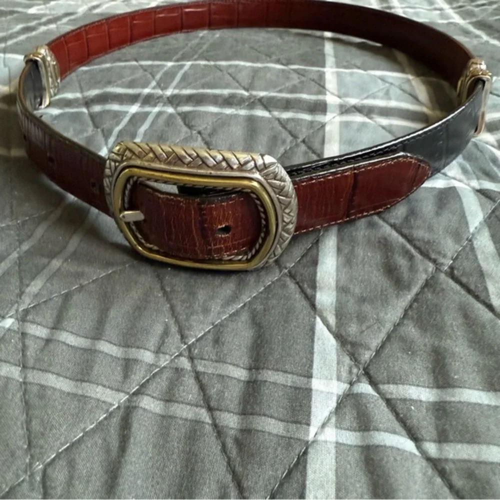 Brighton Marcus Two-Tone Reversible Brown & Black Leather Belt Silver Buckle M/L